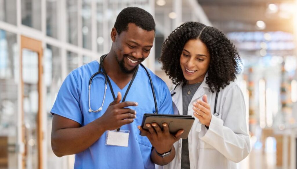 Tablet, happy collaboration or doctors reading healthcare results, clinic success info or medicine report. Hospital services, analysis and medical nurse, surgeon or people partnership on research job credentialing process
