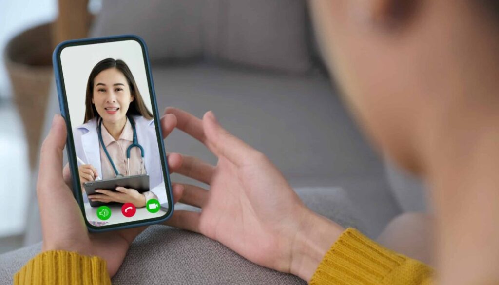 Asian woman patient make video call counseling doctor about healthcare by mobile phone, Telemedicine, Pharmacist Asian woman patient make video call counseling doctor about healthcare by mobile phone, Telemedicine, Pharmacist