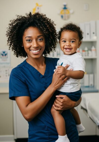 Realistic Image of African Pediatrician Embracing a Happy Smiling Baby Realistic Image of African Pediatrician Embracing a Happy Smiling Baby
