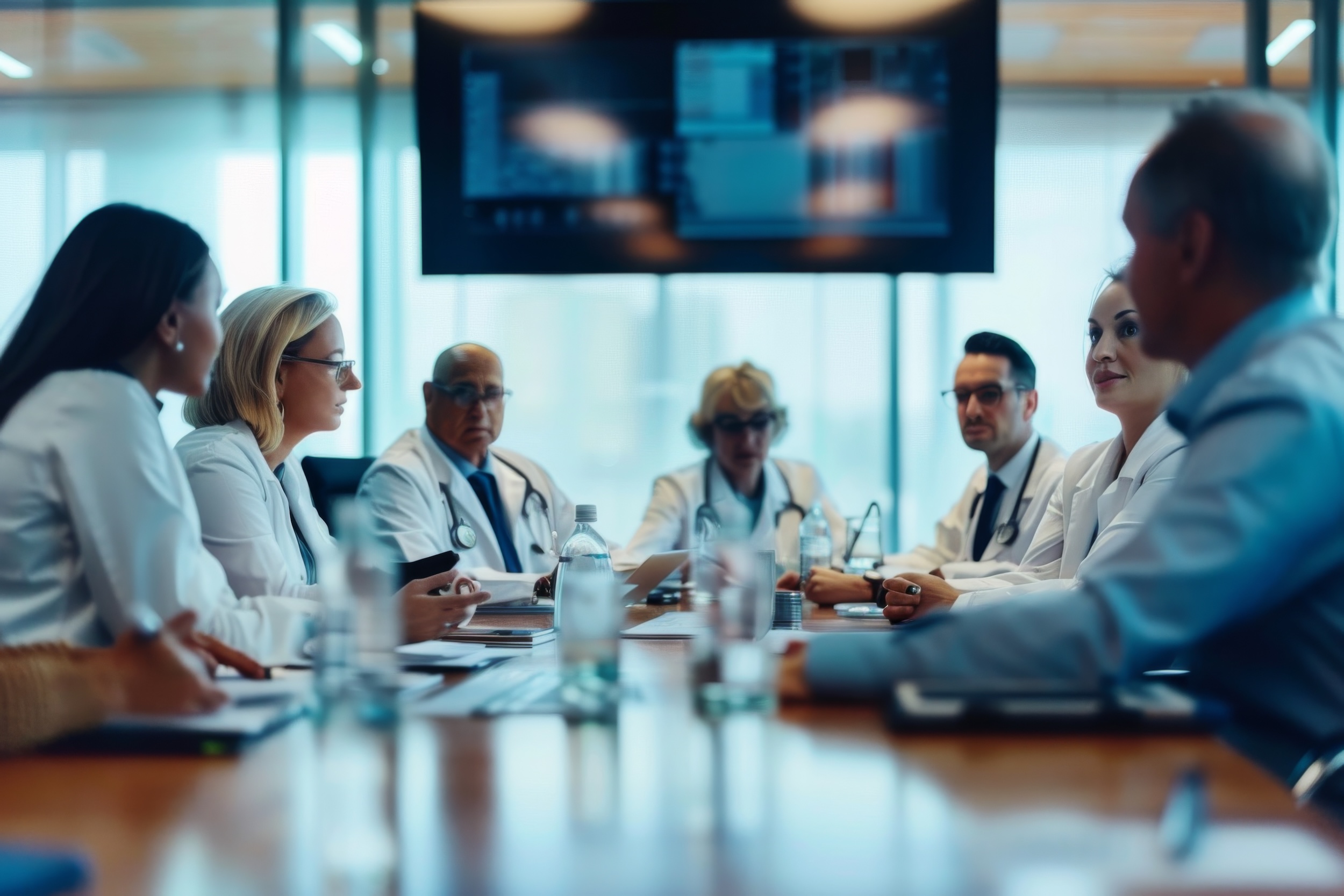 Illustrated healthcare professionals discussing patient care in a cozy clinic setting. Illustrated healthcare professionals discussing patient care in a cozy clinic setting.