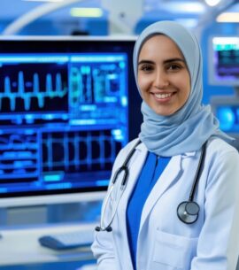 Healthcare professional smiling with medical equipment in modern hospital portrait technology-driven environment optimistic viewpoint Healthcare professional smiling with medical equipment in modern hospital portrait technology-driven environment optimistic viewpoint