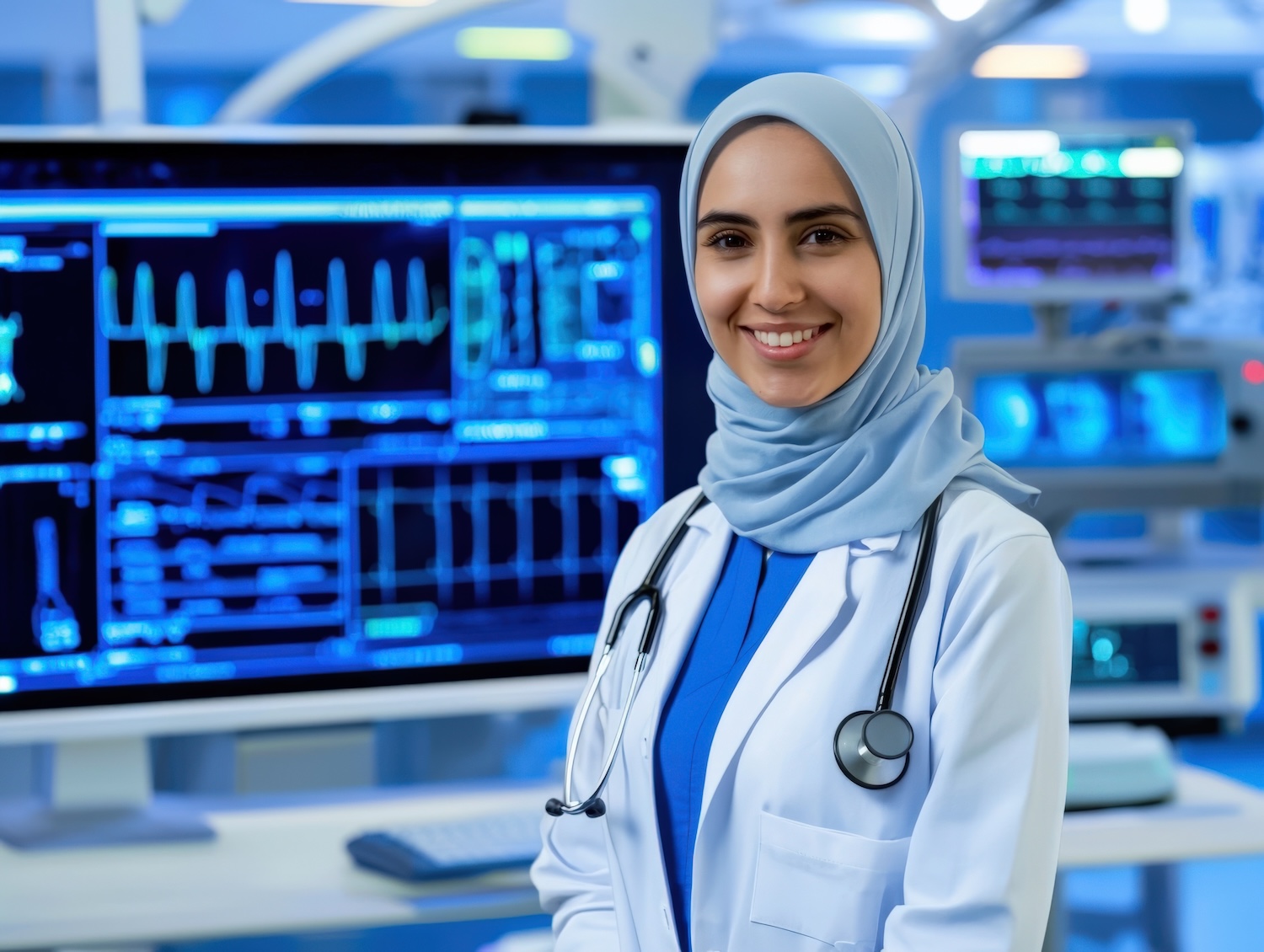 Healthcare professional smiling with medical equipment in modern hospital portrait technology-driven environment optimistic viewpoint Healthcare professional smiling with medical equipment in modern hospital portrait technology-driven environment optimistic viewpoint