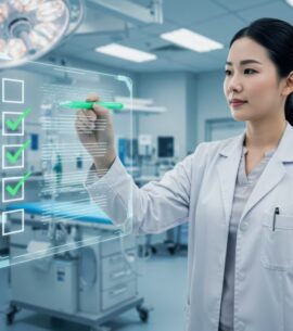 A doctor uses a futuristic interface in a modern operating room. A doctor uses a futuristic interface in a modern operating room.