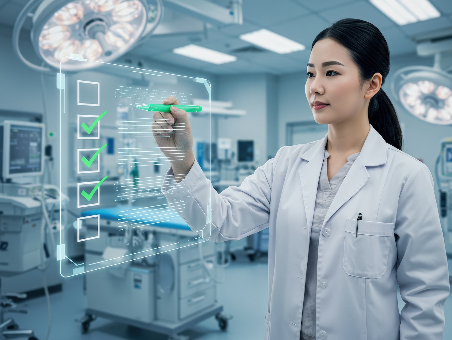 A doctor uses a futuristic interface in a modern operating room. A doctor uses a futuristic interface in a modern operating room.