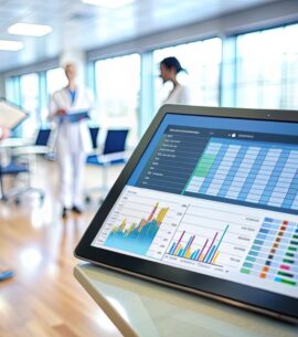 Modern clinic management software displayed on a tablet screen with a blurred hospital background, showing charts, schedules, and patient records for efficient administration. Modern clinic management software displayed on a tablet screen with a blurred hospital background, showing charts, schedules, and patient records for efficient administration.