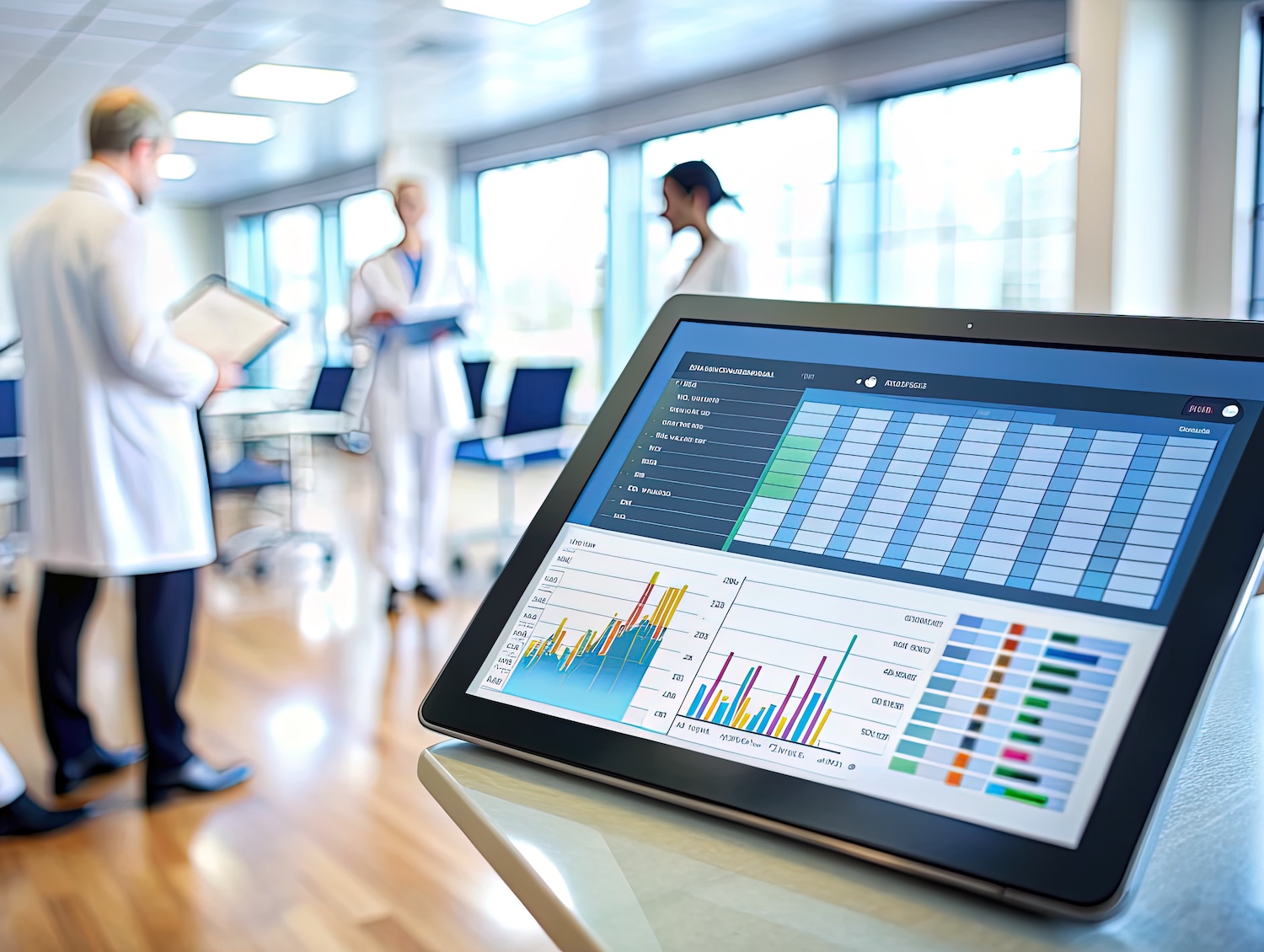 Modern clinic management software displayed on a tablet screen with a blurred hospital background, showing charts, schedules, and patient records for efficient administration. Modern clinic management software displayed on a tablet screen with a blurred hospital background, showing charts, schedules, and patient records for efficient administration.