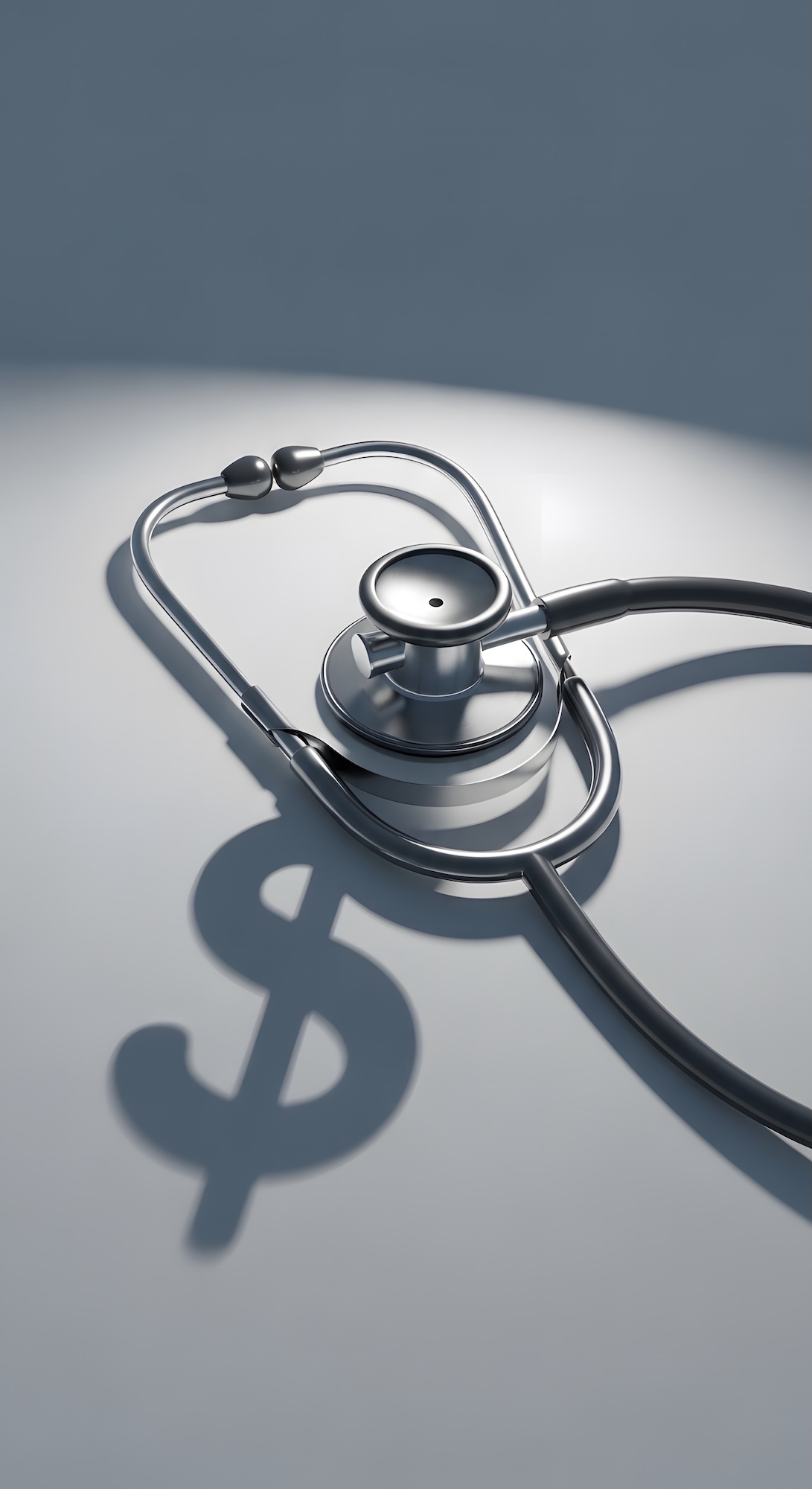 Stethoscope casting a Dollar Sign Shadow on White Backdrop The High Cost of Healthcare and Medical Expenses Illustration Stethoscope casting a Dollar Sign Shadow on White Backdrop The High Cost of Healthcare and Medical Expenses Illustration